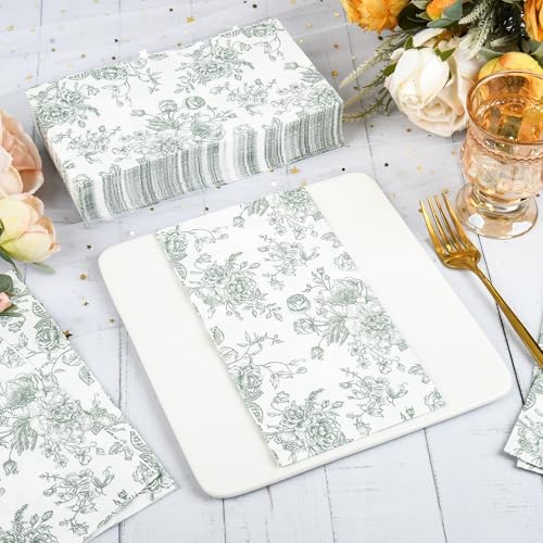 100 Floral Guest Napkins Sage Green and White Toile