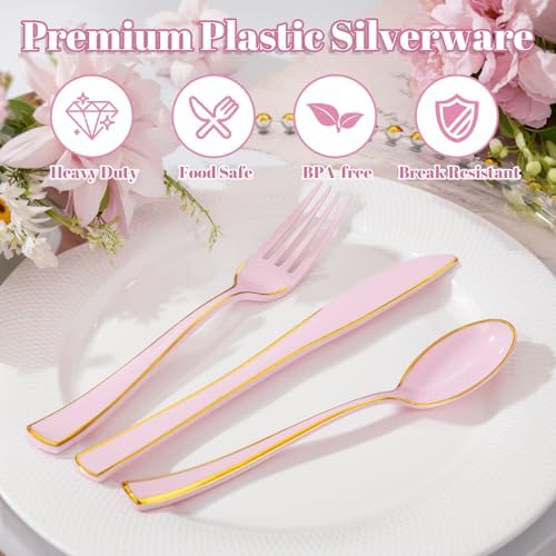 180 Piece Pink Plastic Silverware Set with Gold