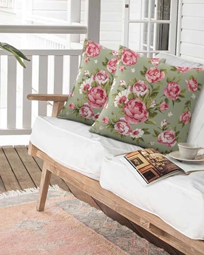 Outdoor Waterproof Throw Pillows Pink Flowers Peony Sage Green Pack of 2