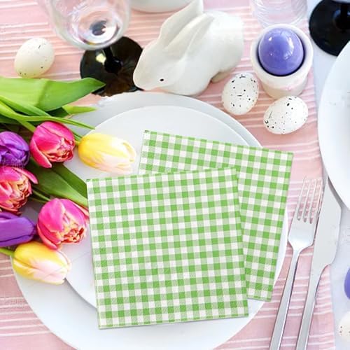 FLOWERCAT 100 Count 2 Ply Green Checkered Napkins 5x5 Inches