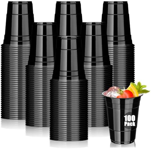 Dualshine 100 Pack Black 16 oz Plastic Cups for Parties