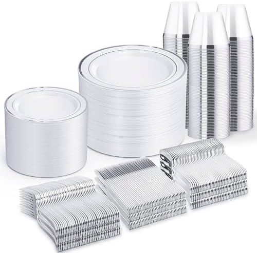 WELLIFE 600 PCS Silver Disposable Dinnerware Set for 100 Guests