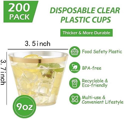 Hioasis 200Pcs 9OZ Clear Cups with Gold Trim