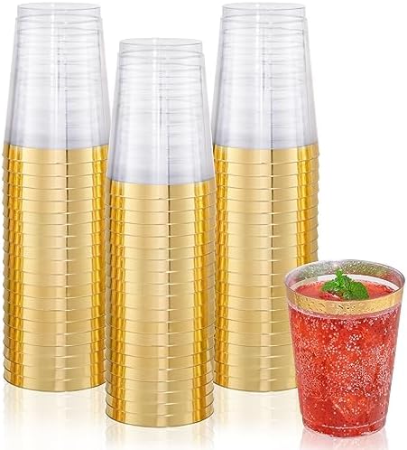 DaYammi 200 Pack 10 Oz Gold Rimmed Plastic Cups for Parties