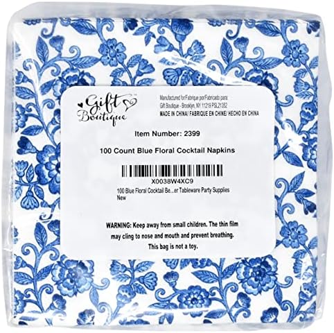100 Blue Floral Cocktail Napkins for Spring Flower Events