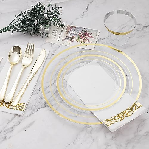 700PCS Clear Gold Disposable Dinnerware Set for 100 Guests
