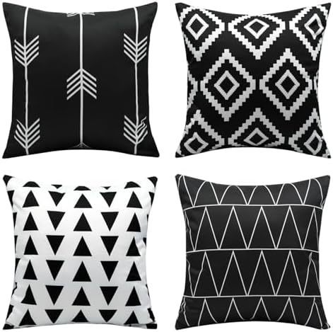 Waterproof Throw Pillow Covers Set of 4 18x18 Black and White