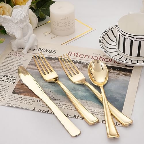 WDF 500PCS Gold Plastic Cutlery Set - Forks Spoons Knives for Events