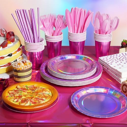 FunnyPars Iridescent Pink Party Plates Set for 25 Guests