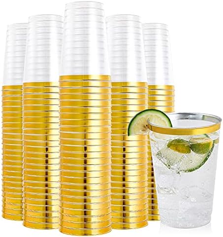 FOCUSLINE 200 Pack 12 oz Gold Rim Plastic Cups