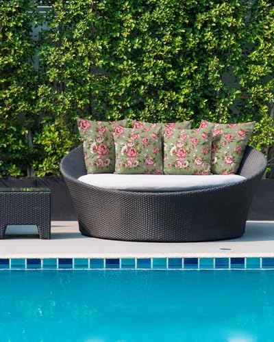 Outdoor Waterproof Throw Pillows Pink Flowers Peony Sage Green Pack of 2