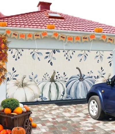 Fall Garage Door Banner 7x8 ft Blue Pumpkin Eucalyptus Leaf
