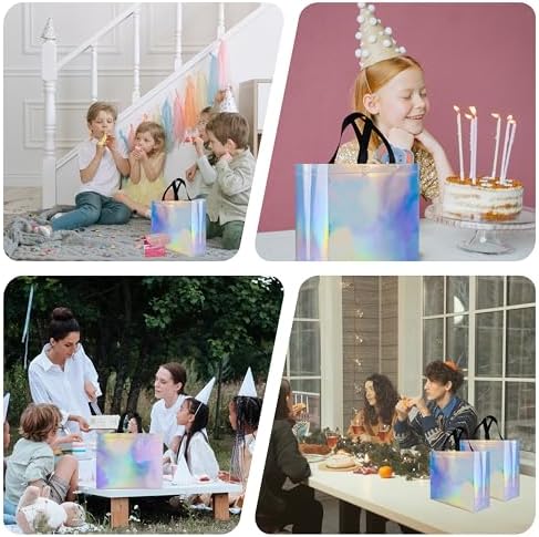 Glossy Iridescent Gift Bags 15 Pcs with Black Handles