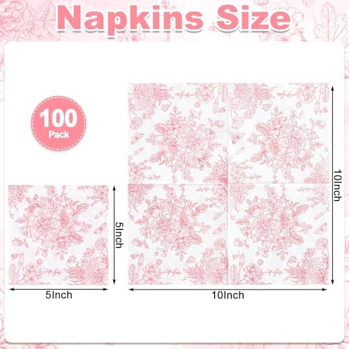 100 Pcs Pink Floral Napkins with White Toile Design