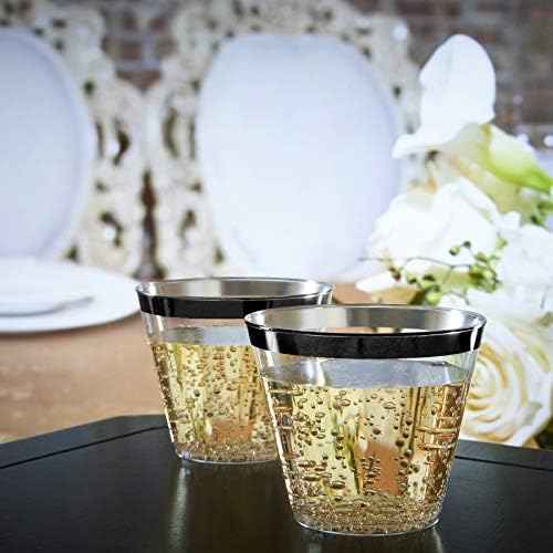 100 Black Rimmed Plastic Cups with Silver Ice Tongs Set