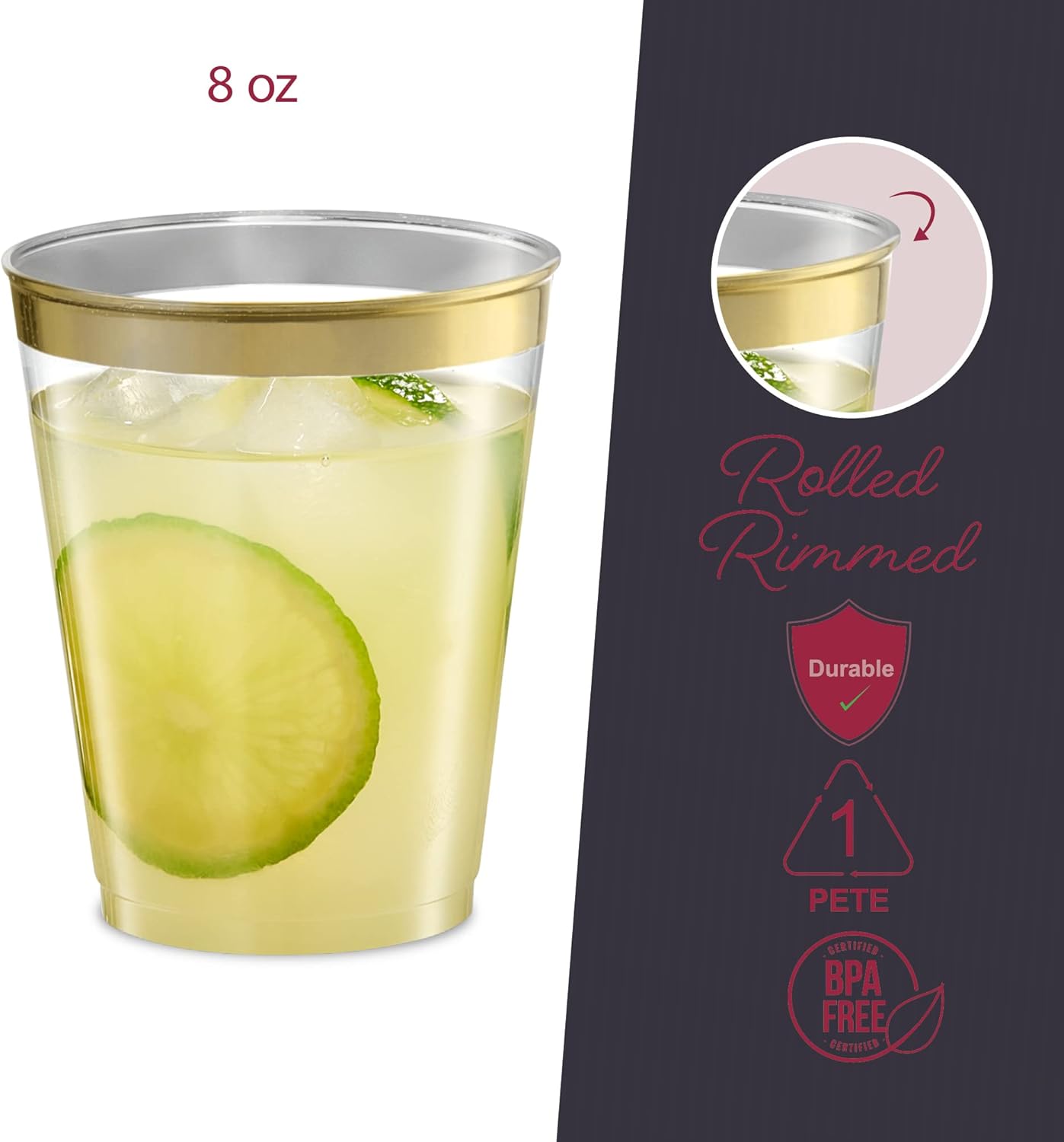 Disposable 8 oz Crystal Clear Plastic Tumblers With Gold Rim Pack of 50