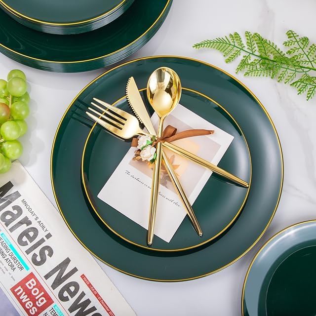 I00000 150Pcs Green Plastic Plates with Gold Rim Set