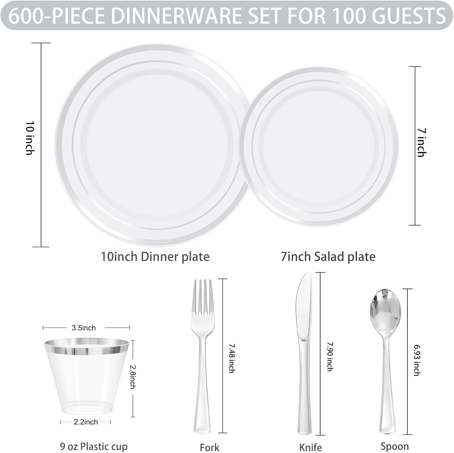 WELLIFE 600 PCS Silver Disposable Dinnerware Set for 100 Guests