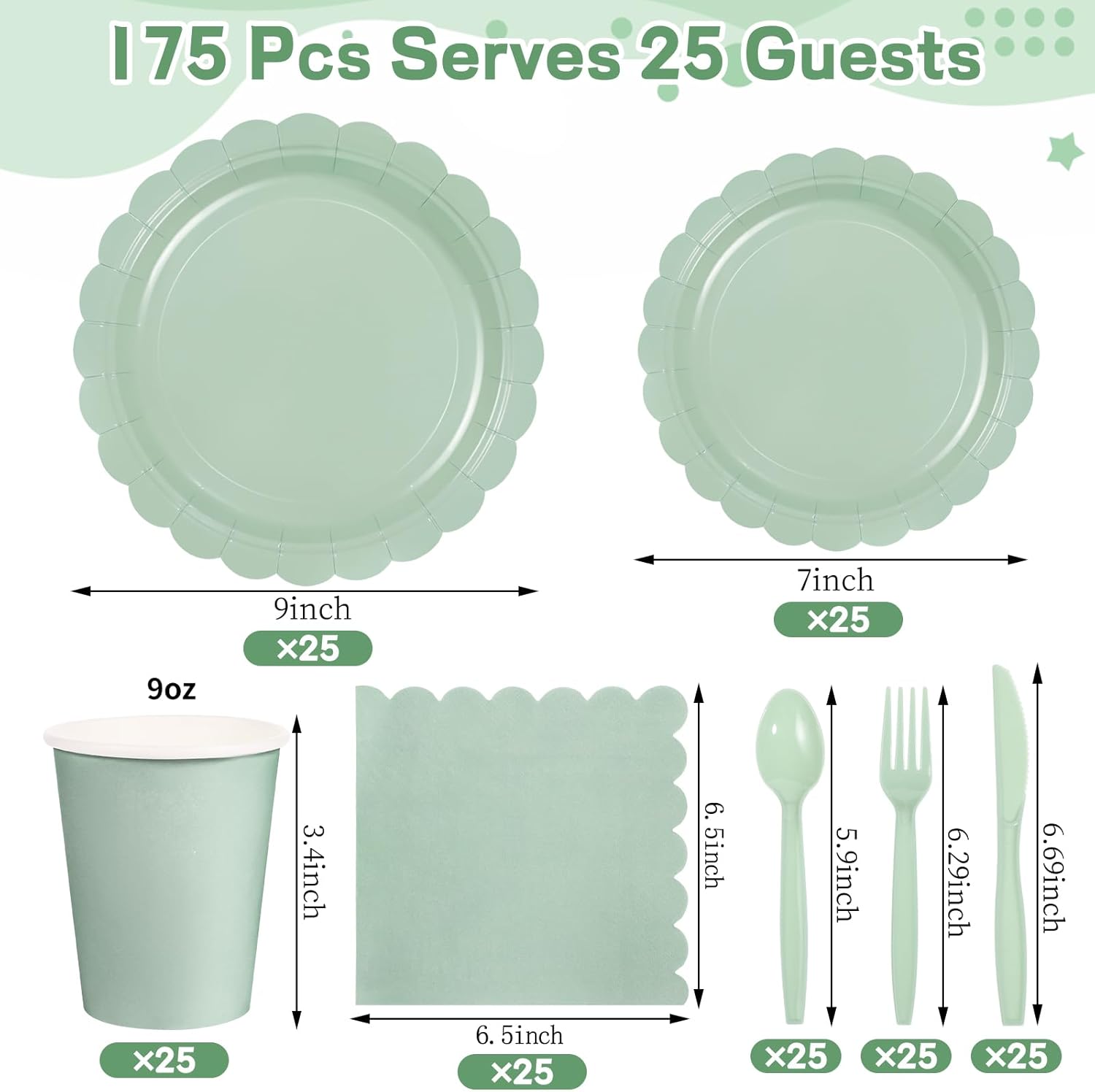 175 Pcs Sage Green Paper Plates and Napkins Set