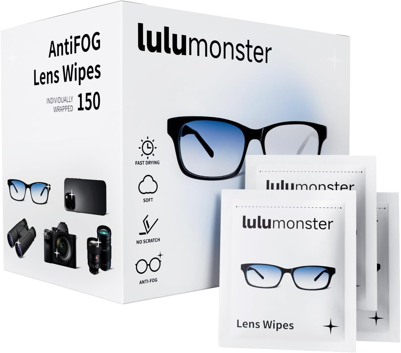 Lulumonster Anti-Fog Lens Wipes 150 Pre-Moistened