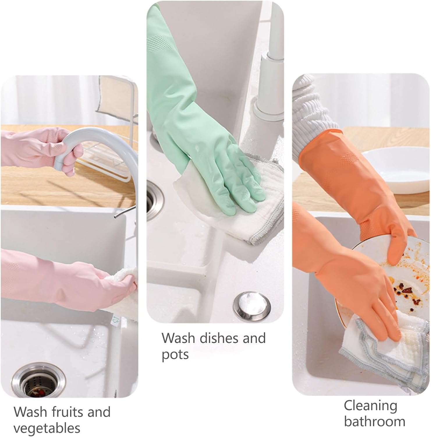 3 Pair Dishwashing Gloves Longer Thicker Rubber Gloves