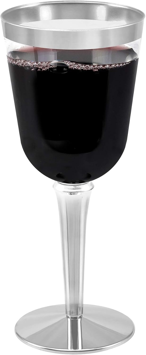 BloominGoods 50 Silver Rimmed Plastic Wine Glasses 10 oz Pack