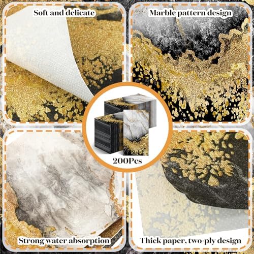Geyoga 200 Pcs Black Gold Marble Guest Napkins