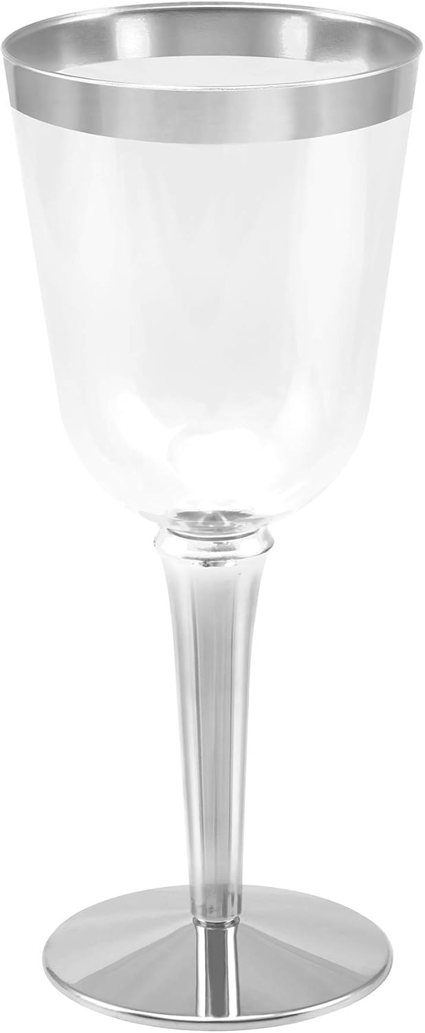 BloominGoods 50 Silver Rimmed Plastic Wine Glasses 10 oz Pack