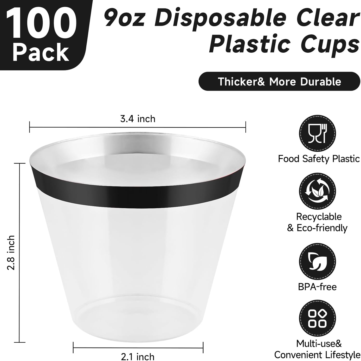 100pcs 9oz Elegant Black Rimmed Plastic Cups