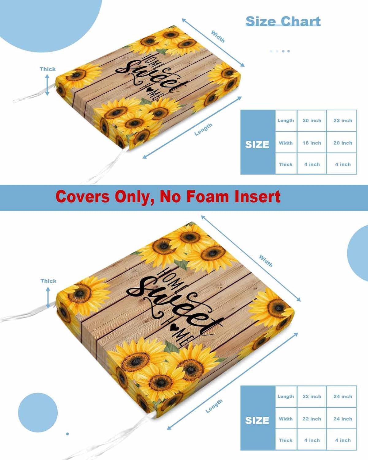 Shine-Home Sunflower 4 Pack Waterproof Chair Cushion Covers with Ties