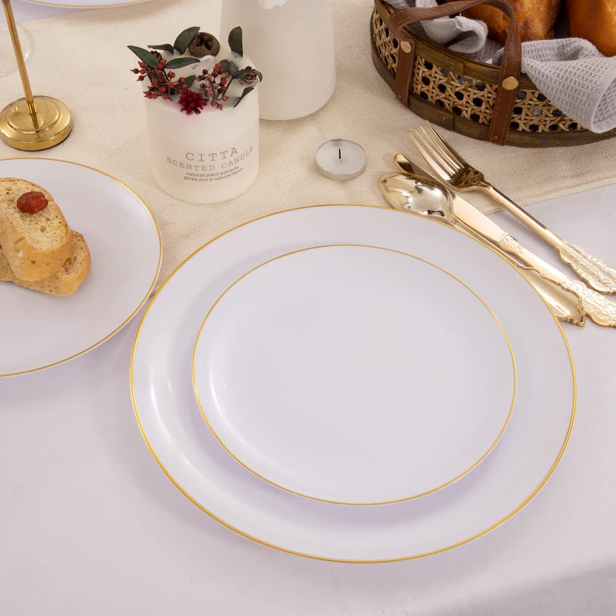 KIRE 100PCS Disposable Plates - White with Gold Rim for Party and Wedding
