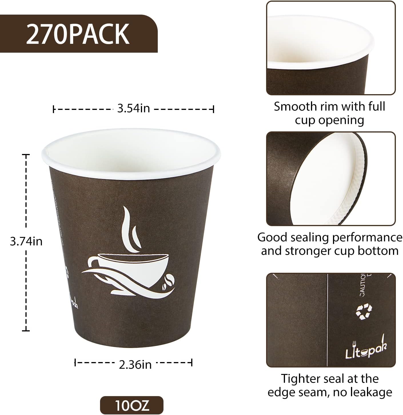 LITOPAK 270 Pack 10 oz Brown Paper Cups for Coffee