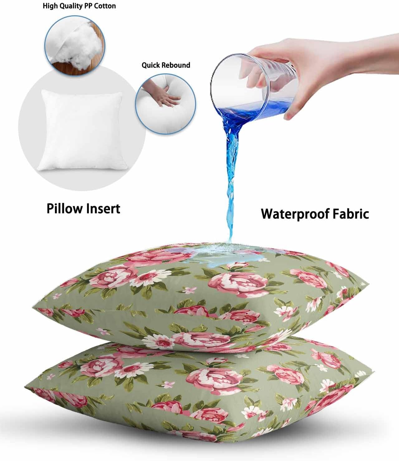 Outdoor Waterproof Throw Pillows Pink Flowers Peony Sage Green Pack of 2