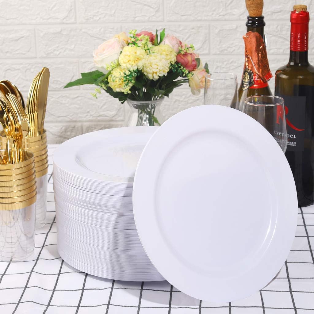 bUCLA 100PCS White Plastic Plates 1025 Inch