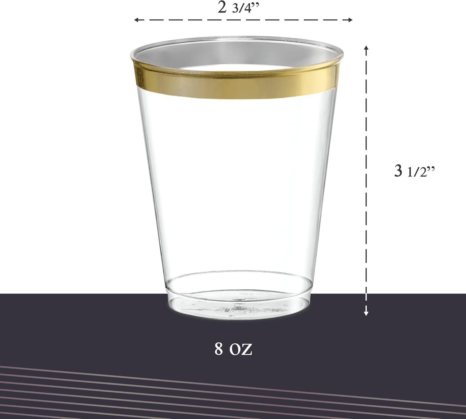 Disposable 8 oz Crystal Clear Plastic Tumblers With Gold Rim Pack of 50