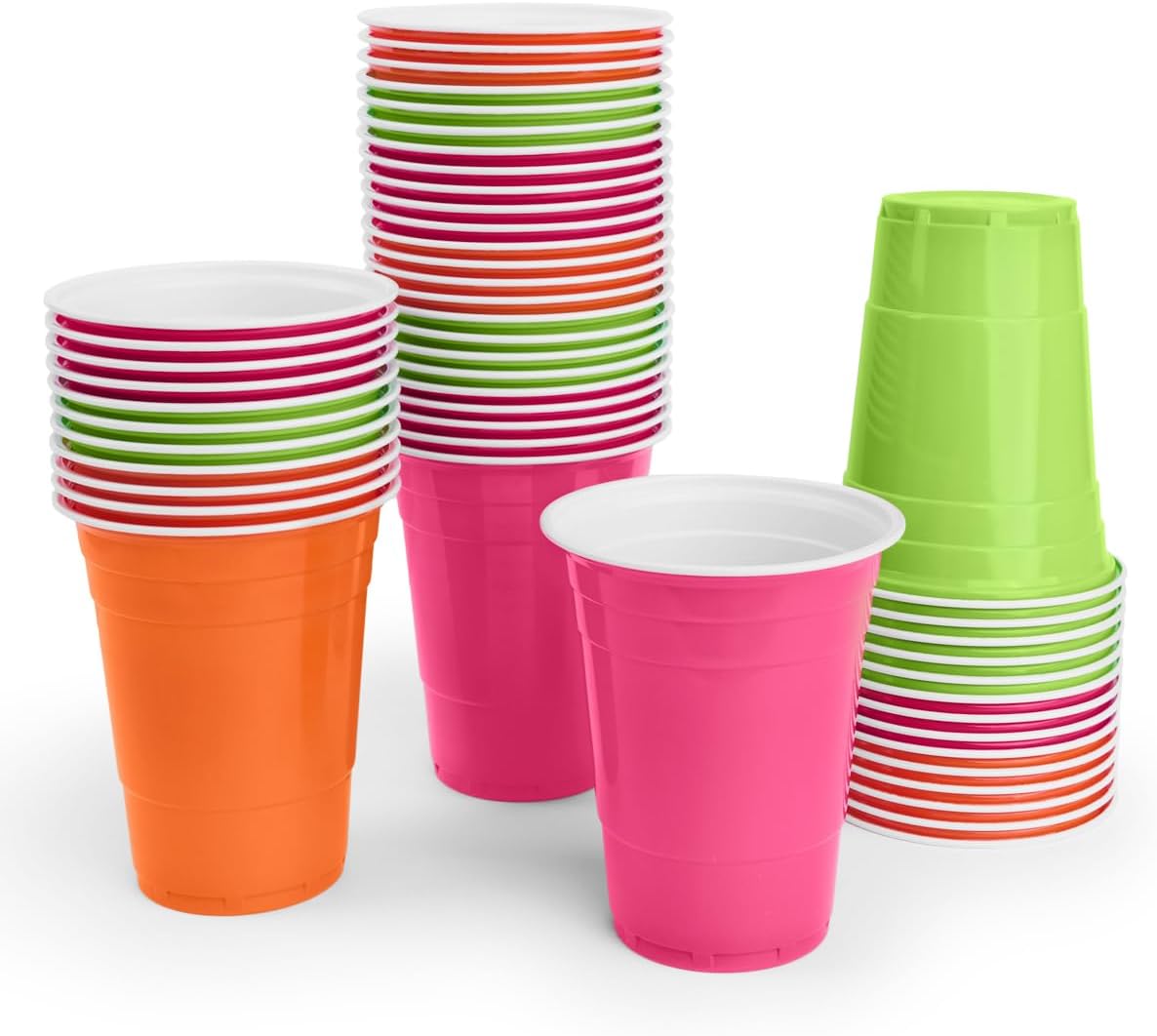 XO Fetti Pink Orange Green 16 oz Plastic Cups - 50 Piece Set
