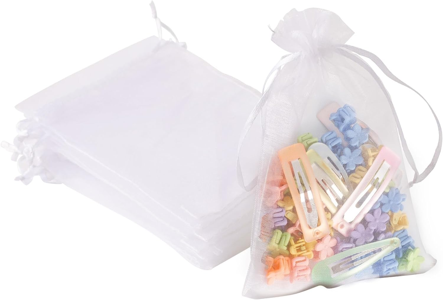100PCS White Organza Bags with Drawstring