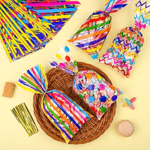 Aodaer 100 Piece Rainbow Cellophane Gift Bags with Twist Ties