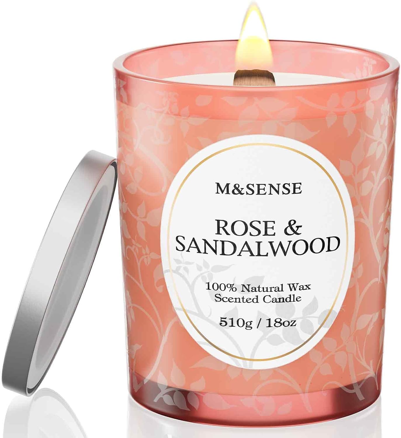 MSENSE Rose Sandalwood Scented Candle Wooden Wick 18 oz
