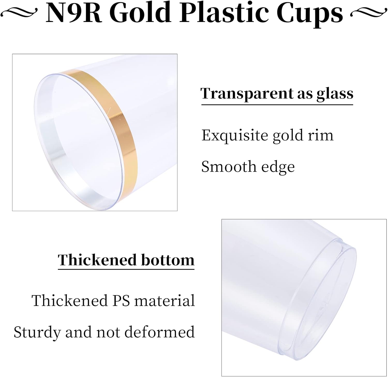 N9R 72PCS Gold Rim Clear Plastic Cups 12OZ