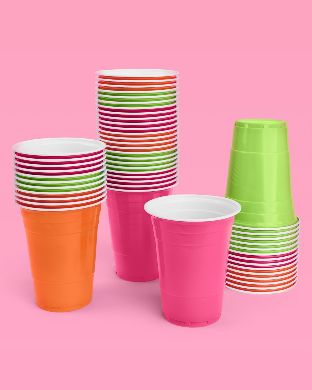 XO Fetti Pink Orange Green 16 oz Plastic Cups - 50 Piece Set