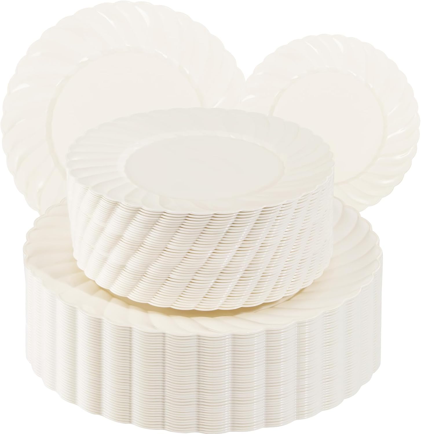 U-QE 100 Piece Ivory Scalloped Plastic Plates
