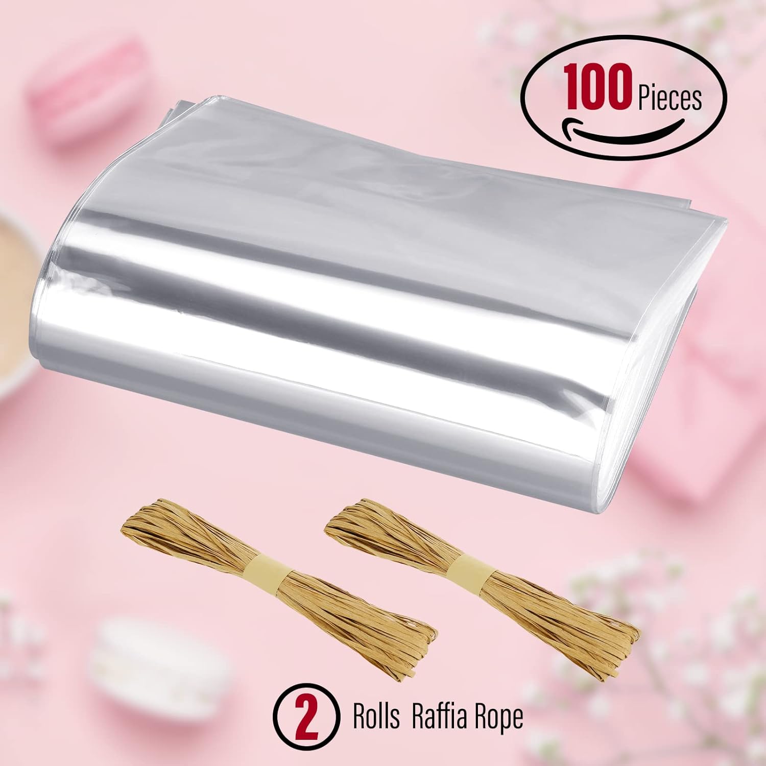 Tudomro 100 Pcs Clear Cellophane Soap Bags with Raffia Rope