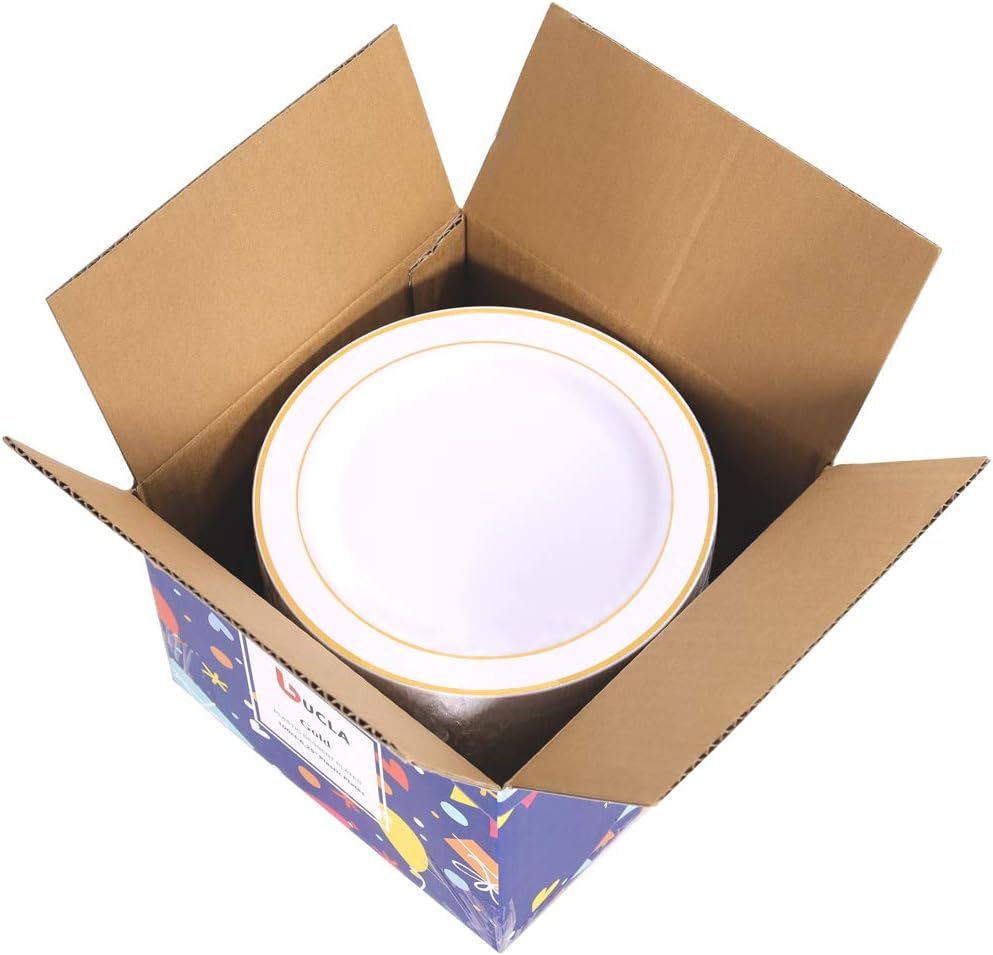 bUCLA 100PCS Gold Rim Plastic Plates - 625 Inch Wedding Party Use