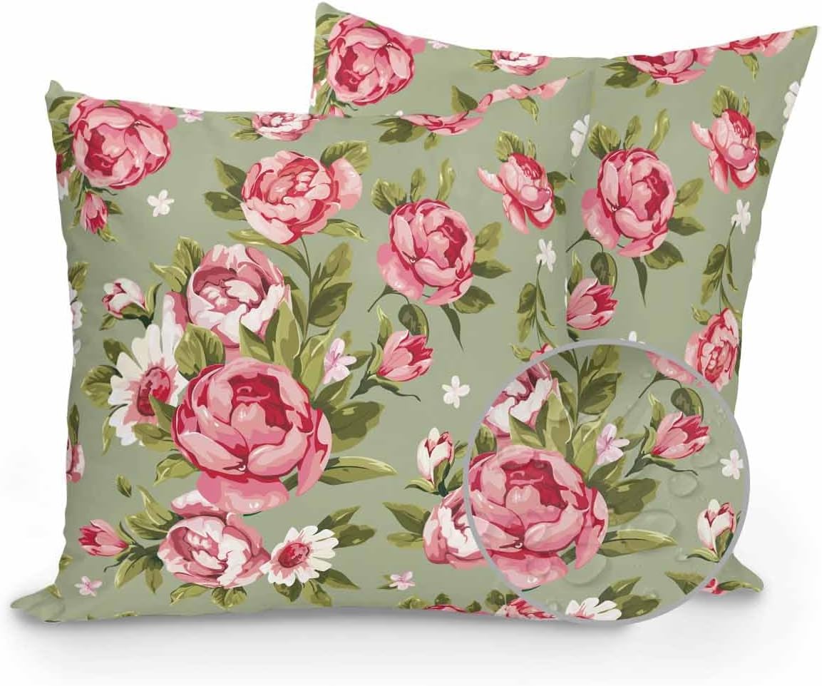 Outdoor Waterproof Throw Pillows Pink Flowers Peony Sage Green Pack of 2