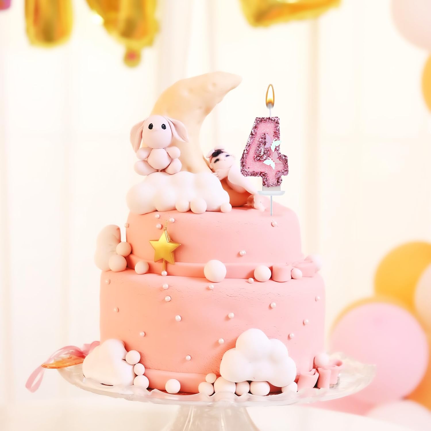 SAVITA 27 Inch Pink Number Candles with Butterfly Sequins - Number 4