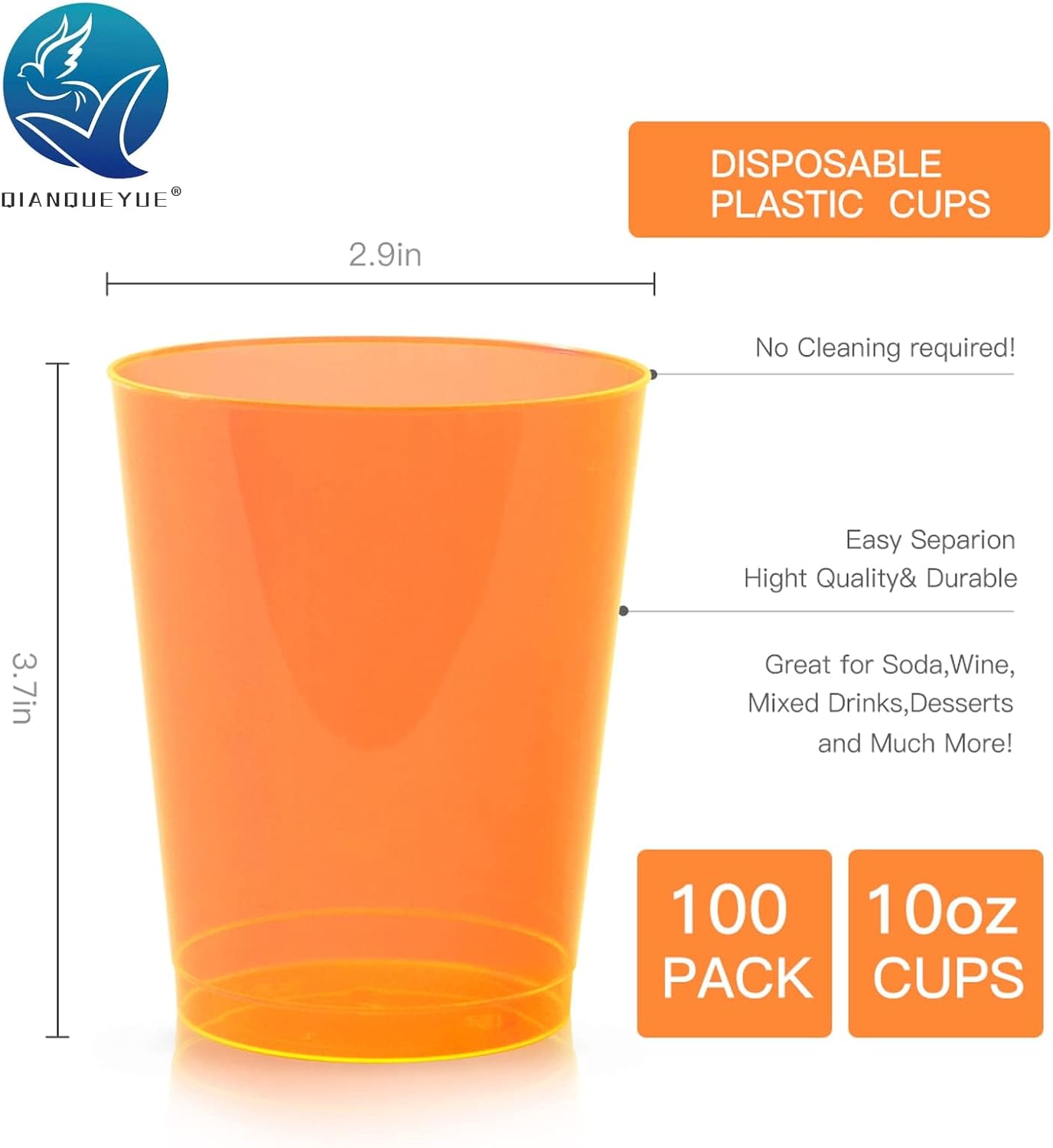 100 Pack 10oz Neon Plastic Cups for Parties