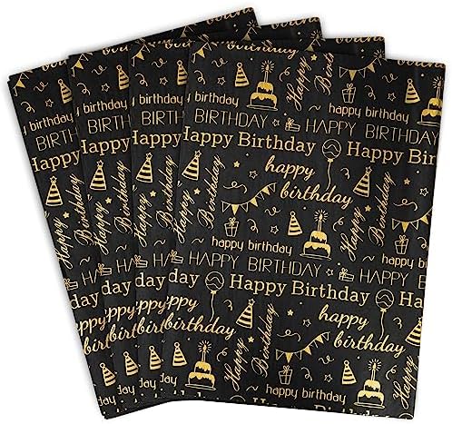 MR FIVE 100 Sheets Birthday Tissue Paper - 20x14 Black Gold Design
