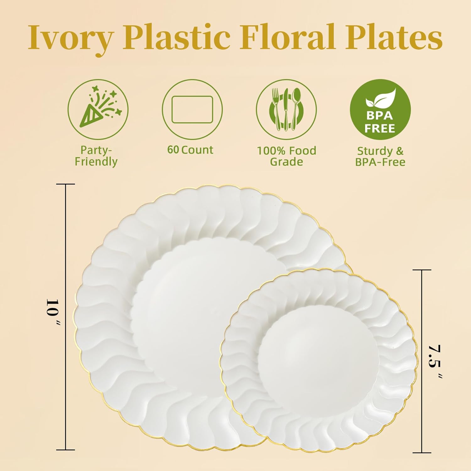 Lullaby 60PCS Ivory Scalloped Plastic Plates with Gold Rim
