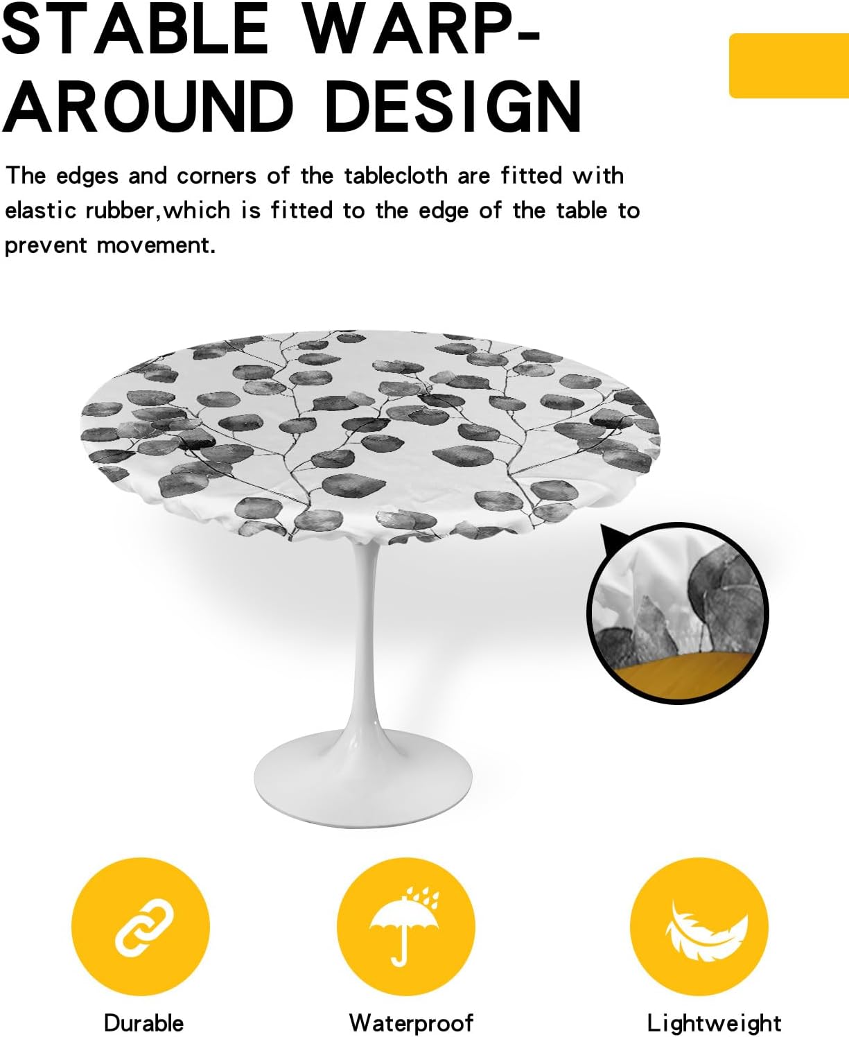 Grey Leaves Round Waterproof Table Cover Fitted Tablecloth